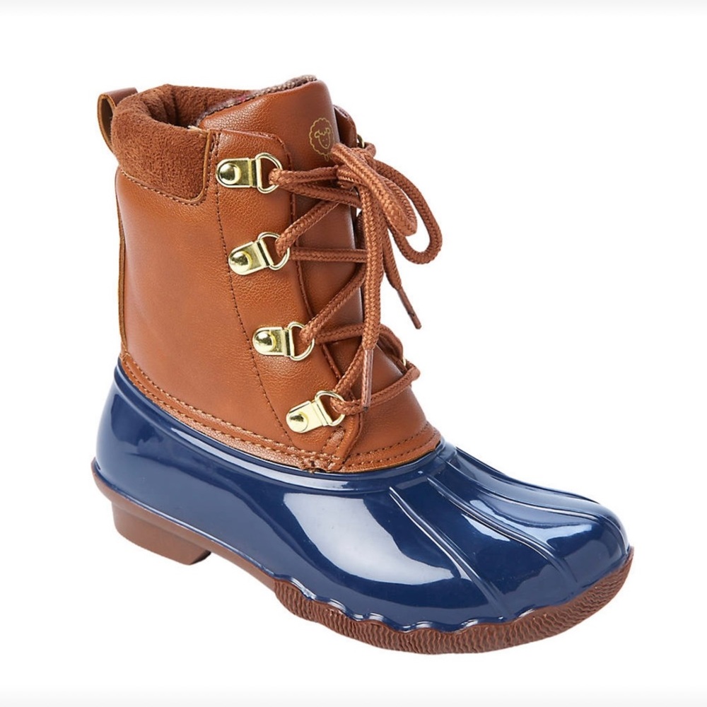 Adrienne Vittadini Kids Duck Boots Size 1 Navy Brown Waterproof Rain Boots